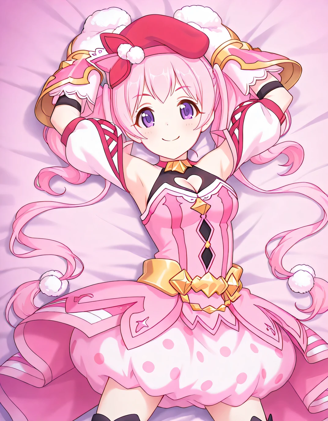 pcrmugi, pink hair, long hair, twintails, purple eyes, pmugidef, beret, red headwear, red choker, pink dress, striped dress, red stripes, chain, strapless dress, sleeveless shirt, black shirt, heart cutout, cleavage cutout, bare shoulders, detached sleeves, puffy short sleeves, white sleeves, cross-laced sleeves, mittens, vambraces, gloves, gold belt, gold chain, pom pom \(clothes\), polka dot skirt, bubble skirt, white skirt, black thighhighs, overskirt, anime screencap, high quality, solo, lying, on back, from above, on bed, arms up, (legs apart), cowboy shot, closed mouth, looking at viewer, smile, best quality