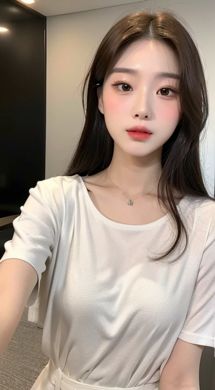 ((highest quality, 8k, masterpiece: 1.3)), beauty, Hide your face, 1 girl, beautiful: 1.3, Slim Abs: 1.1, White T-shirt, Cleavage, Long Black Hair, (While sitting on the bed), Highly detailed face, Highly detailed lips, Fine grain, double eyelid