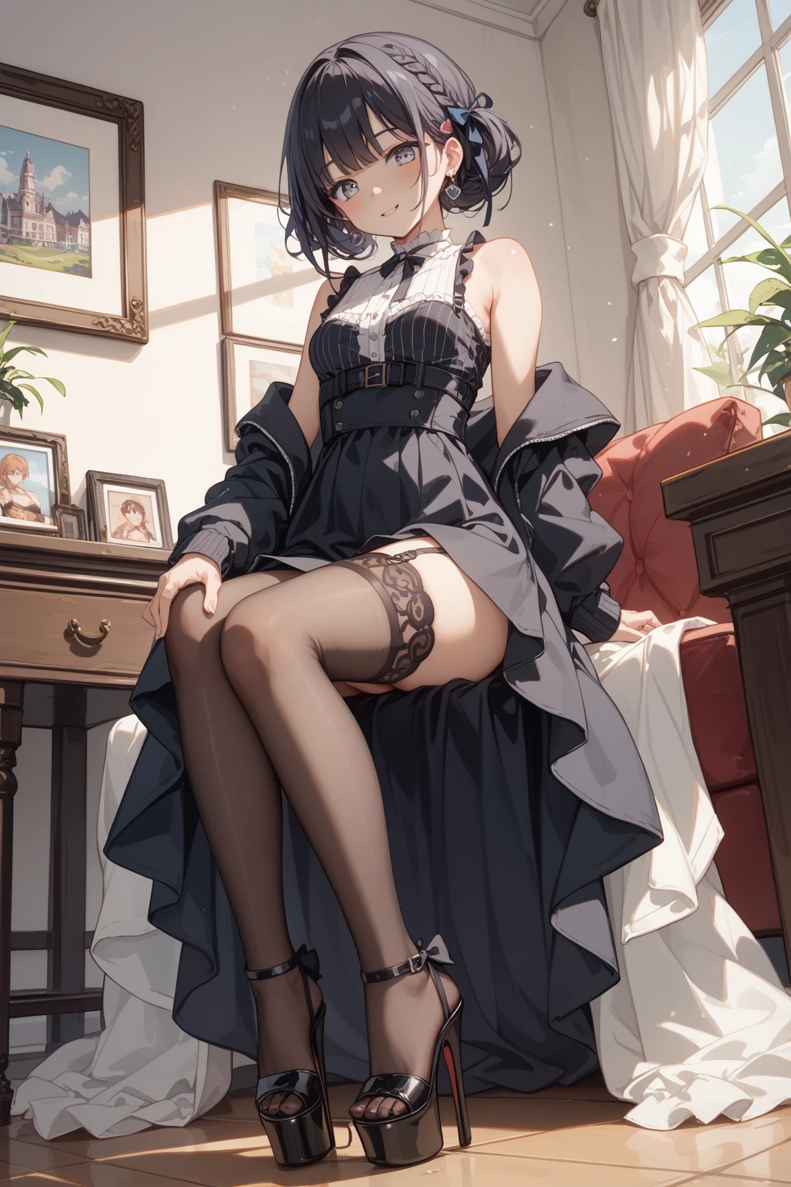 absurdres, RAW photo, extremely delicate and beautiful, masterpiece, Best Quality, ultra high resolution, 32k, hyperrealistic, ultra-detailed, perfect figure, detailed description, pale skin, 20 years old, detailed beautiful face and eyes, tearful mole, earring, short medium hair, wavy hair, full body, navy blue school_uniform, long black socks, brown dress shoes,