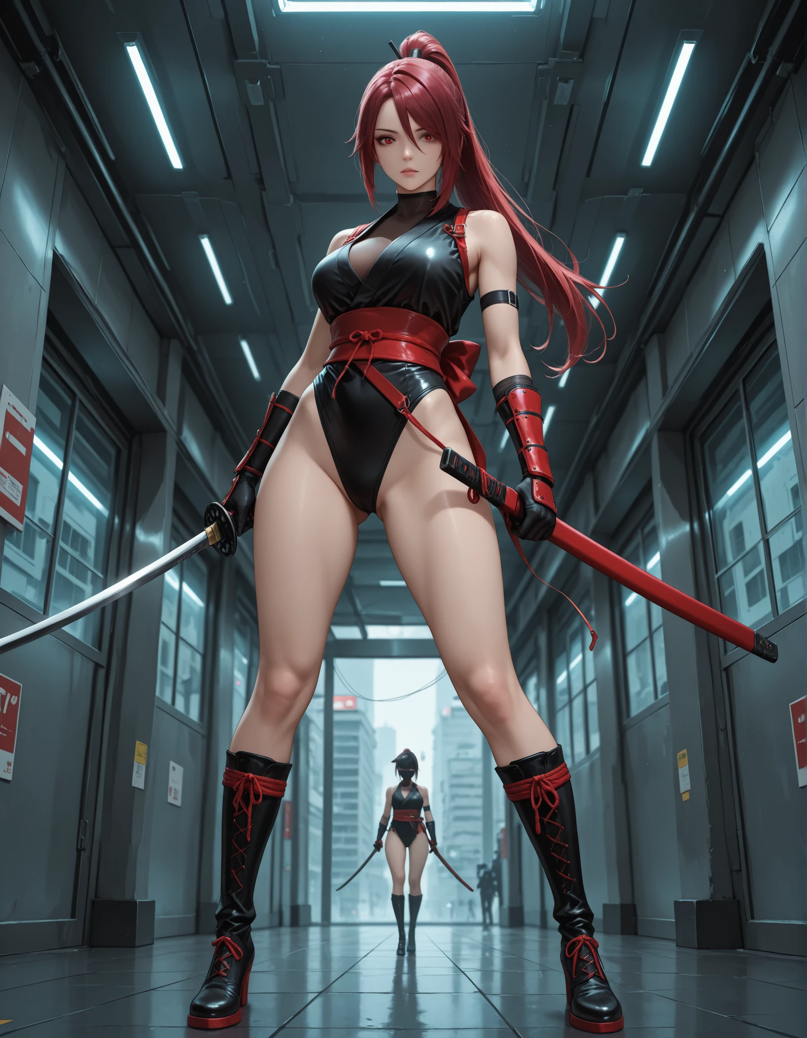 a woman kneeling down with a sword in her hand,very beautiful cyberpunk samurai,she is holding a katana sword,unsheathing her katana,she is holding a sword,ornate korean polearm behind her, realistic anime 3D style, cgsociety 9,2.5D cgi anime fantasy artwork, 3 d anime realistic.pose beautiful.redAssassin.Standing and sitting with his hands on his knees, Carry the sword on your shoulder.(Stand with your arms crossed over your chest, your back against the wall).hair white.
