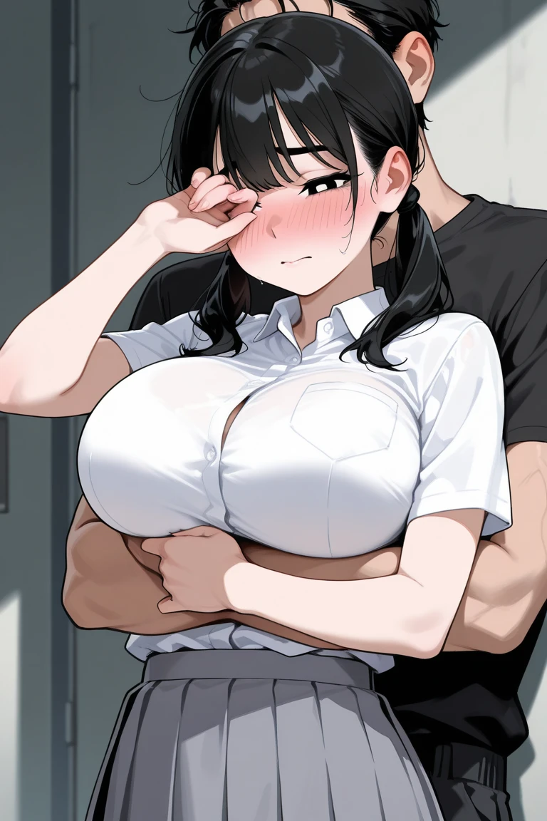 mature woman,modest mature housewife,round glasses,black hair,at rich home,mature curvy body,straight hair,easy-going face,navy shirt,white button,sweaty,gray skirt,pov groping,breast grab,at entrance,humid,flying heart-shapes,trembling,vulgarity,pink pupils,open mouth