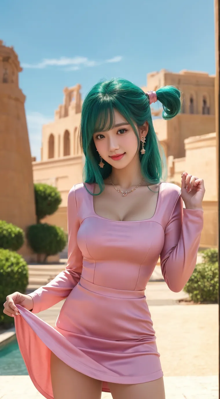 Danish Asian mixed, medium closeup, 1girl, solo, huge breasts, cleavage, wide hips, fit stomach, long detailed eyelashes, (detailed eyes), full lips, (detailed skin texture:1.1), (minimum hair, realistic hair:1.2), HAIR: (pink hair:1.1, ponytail),
CLOTHING: (teal dress:1.2), BREAK;
LOCATION: balcony, night city, (looking at viewer), passionate look, soft lighting, depth of field, (photorealistic), Ultra High Definition, Raw Photo,