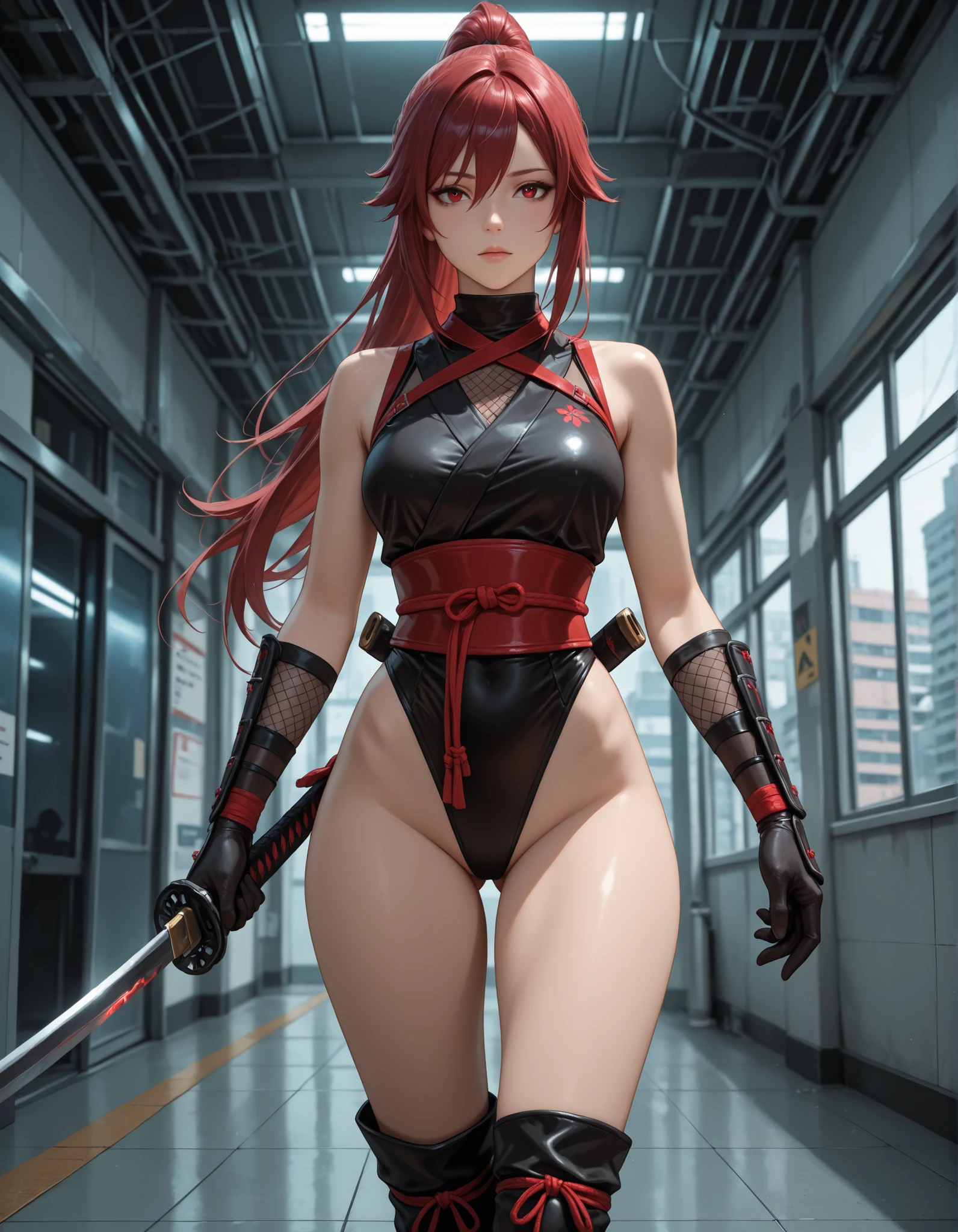 a bit, Warrior Girl, Black high leg swimsuit, sword,armor、Natsu