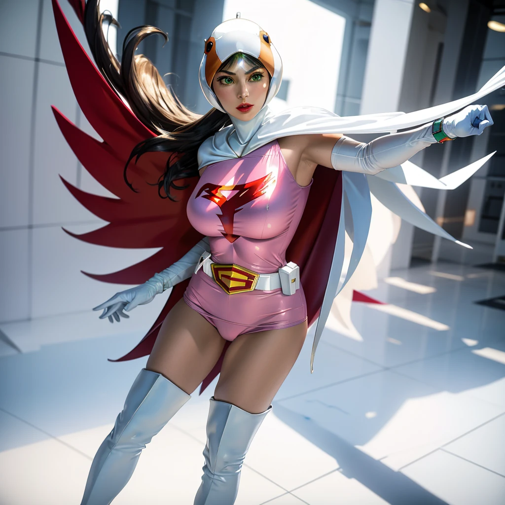 A girl in pink Gatchaman costume, long boots, long gloves,  standing, one leg up, detailed face, H3JTS, giga_busty, best quality, 4k, 8k, highres, masterpiece:1.2, ultra-detailed, realistic, photorealistic, photo-realistic:1.37, HDR, UHD, studio lighting, ultra-fine painting, sharp focus, physically-based rendering, extreme detail description, professional, vivid colors, bokeh, concept art
