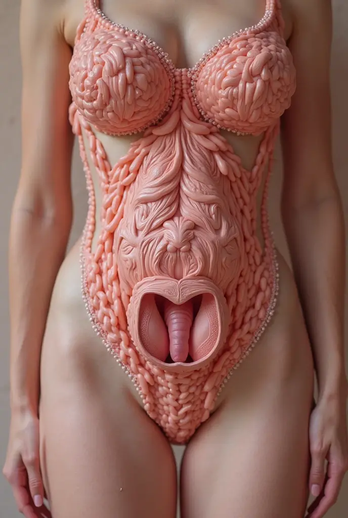 A woman with her tits out and big and wearing black stockings and showing her vagina being stuffed by a penis extracting semen