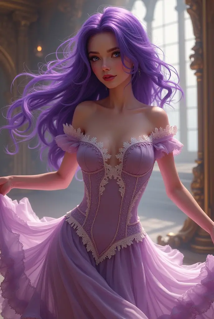 Beautiful slim girl with big breasts. In a lilac dress and a black corset. Dziewczyna ma długie bardzo długie bląd włosy i błękitne oczy.  The girl is not too tall 