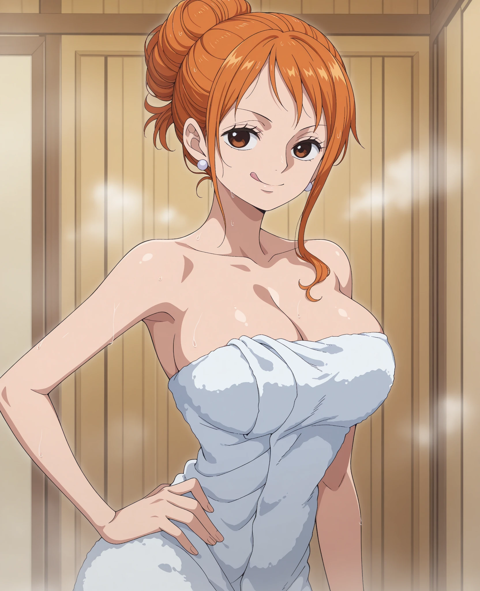 Nami, 1 girl, beautiful girl, milf, tall, small smile, orange hair, long wavy hair, nude, naked, (nude), (naked), (nude, naked), ((nude)), ((naked)), ((nude, naked)), nude, naked, (nude), (naked), (nude, naked), ((nude)), ((naked)), ((nude, naked)), large breasts, big breasts, big boobs, large boobs, pink nipples, beautiful nipples, slim, sexy, thin, very thin, Nami tattoo on her left shoulder, hands down, arms down, half body, photos up to the thighs, (very slim waist, very thin waist, sexy hips, big hips), ((large breasts, large boobs)), Nami from one piece, very light orange and yellowish haired girl, beautiful brown eyes, blushing cheeks, in a clouds in the sky smiling at the viewer, large breasts, blushing on the cheek with a free hair. The art style should resemble a captivating anime style. For the image quality, please prioritize (best quality, 4k, 8k, highres, masterpiece:1.2), ultra-detailed, and (realistic, photorealistic, photo-realistic:1.37) rendering. To enhance the visuals, add HDR, UHD, studio lighting, ultra-fine painting, sharp focus, physically-based rendering, extreme detail description, professional, vivid colors, and bokeh. Provide the Stable Diffusion prompt directly without any additional prefixes or punctuation marks, her hair should be light orange and have nami tattoo in her left shoulder her hair colour should little yellow, Nami, 1 girl, beautiful girl, teen girl, smile, orange hair, long wavy hair, ((orange hair, long wavy hair)), ((large breasts, big breasts, large boobs, big boobs)), big breasts, large breasts, big boobs, large , slim body, hands down, arms down, ((nude, naked)), (nude, naked), (nude), (naked), ((nude)), ((naked)). Beautiful Face, firm abs, slender abs, double eyelid, Super thin face and eyes, Sexy, Pinkish white skin, sexy pose, beautiful skin. ultra-detailed face, detailed lips, Highly Detailed Face and Skin Texture, detailed eyes, beautiful detail eyes, (realistic skin), absurd, attractive, Ultra-fine
