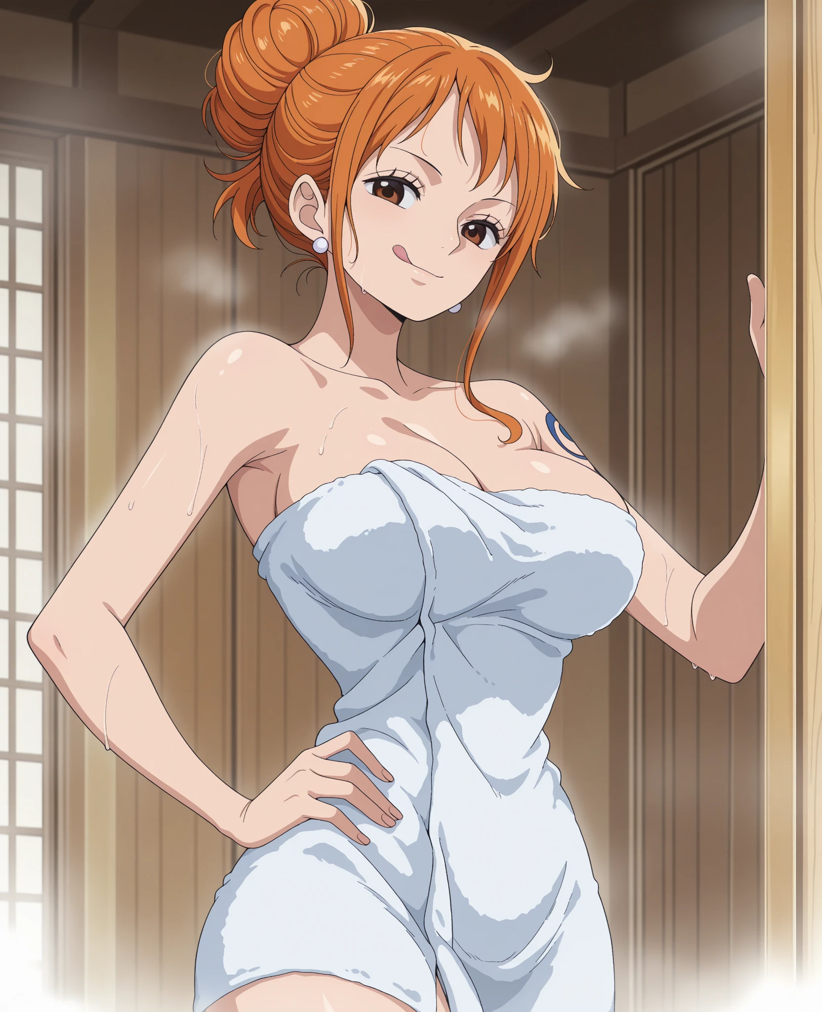 Nami from One Piece, orange hair, beautiful brown eyes, ((wearing purple party dress))wearings, sexy boobs, lewd pose ,full body, arms behind back, (wedding hall background) (several men in background) (best quality, 4k, 8k, highres, masterpiece:1.2), ultra-detailed, and (realistic, photorealistic, HDR, UHD, studio lighting, ultra-fine painting, sharp focus,nami face, nami eye