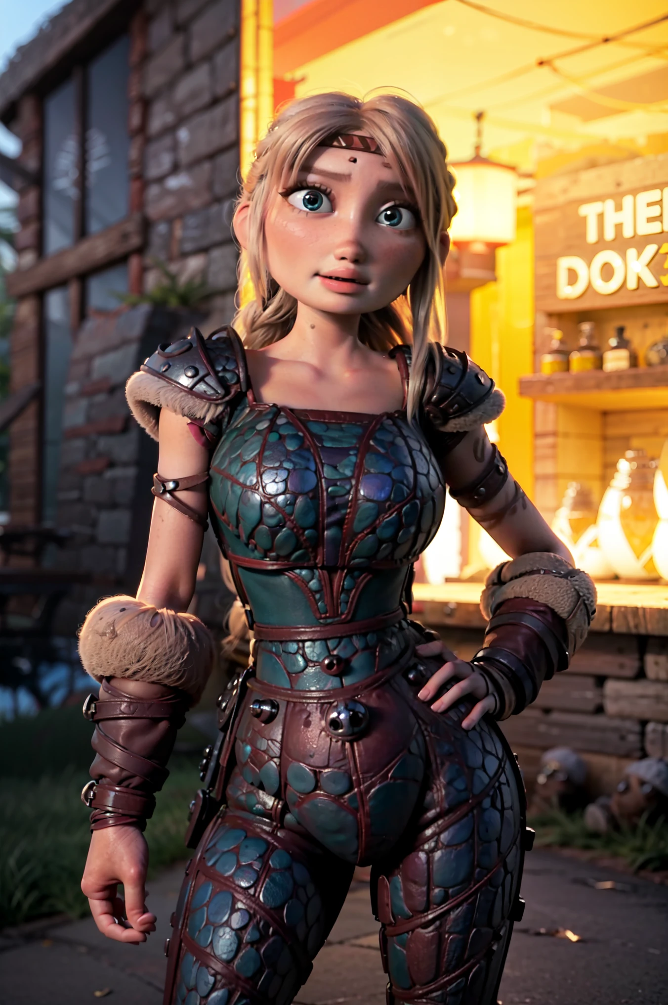 obra-prima, original high quality character, melhor qualidade, Realista, escuro theme, tema azul, Rosto perfeito, olhos expressivos, astrid hofferson, 1 menina, only, cabelo loiro, (solteiro_Braid:1.3), olhos azuis, armadura, (seios enormes, decote absoluto, decote profundo:1.2), corte em v, Voluptuosa, absolute coverage area, quadris largos, Coxas grossas, depth of field, standing, contrapposto, Aldeia viking, noite, escuro, escuroness, luz de lua