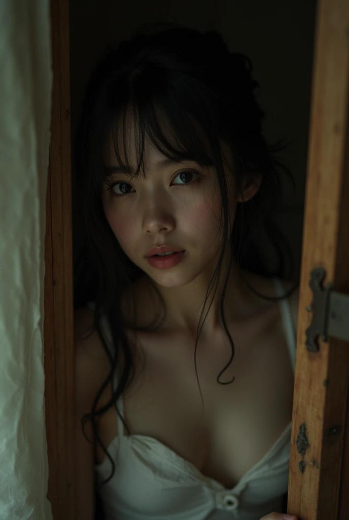 Top image quality, tmasterpiece, 超高分辨率, (Fidelity:1.4), photore,deluge, stunningly beautiful woman, (Sorrow), white shirt, dim murky lights, shadowy, Desperate, Pity, Pathetic, Cinematic, Tears, tear drop, (ripped clothing:1.5), (Wet clothes:1.4), bare shoulders, Real rain, wetting hair