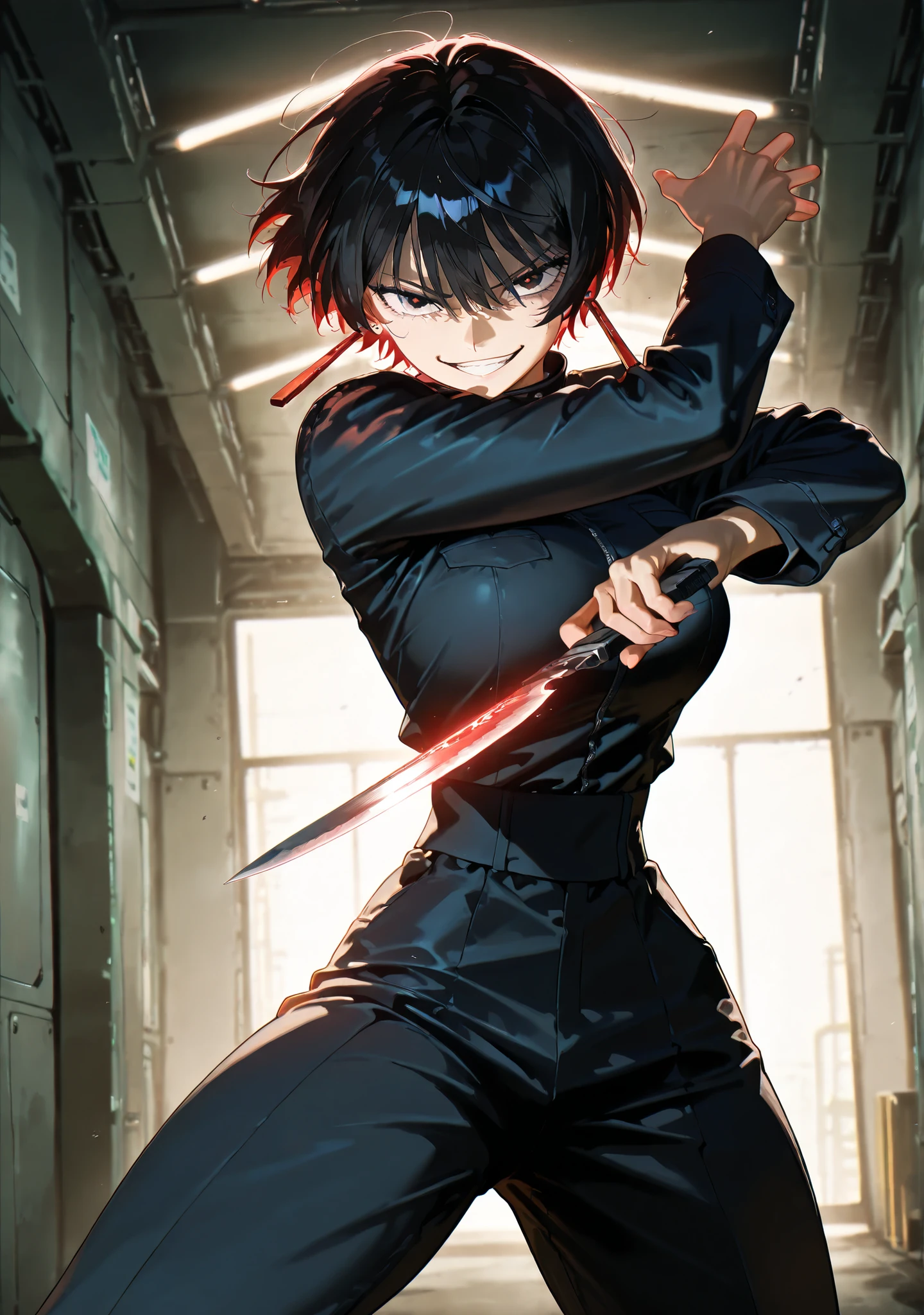 (anime coloring),(anime style),(masterpiece:1.2), (best quality:1.2), (very aesthetic:1.2), (absurdres:1.2), (detailed background:1.2),(newest),(highly detailed),(dynamic lighting), kagari hiyuki (kagurabachi),1girl, kagari hiyuki, black hair, short hair, red earrings, solo, detailed face and eyes, nice hands, nice fingers, evil grin, battle stance, combat, female focus, skinny waist, large breasts, wide hips, thick thighs, indoors, underground bunker, cinematic angle, cinematic pose, maximum facial details, maximum detailed textures, maximum detailed shadows, maximum detailed, glowneon, holding combat knife