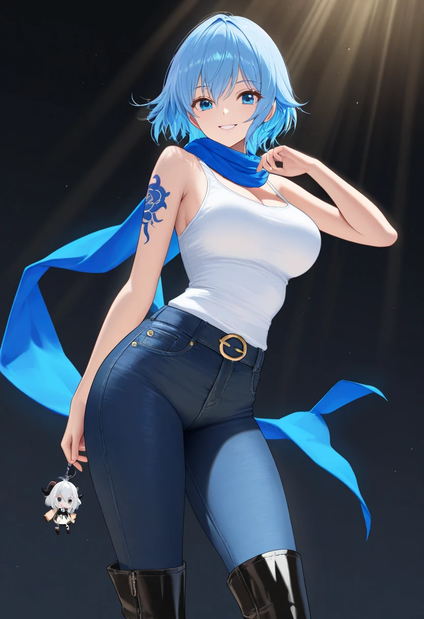Sleeveless shirt、Frills、See-through、beautiful girl、jeans、White Bob Cut、Belly button、Accentuated breasts、The side of the chest is visible from the side、Armpits visible through the gaps in clothes、