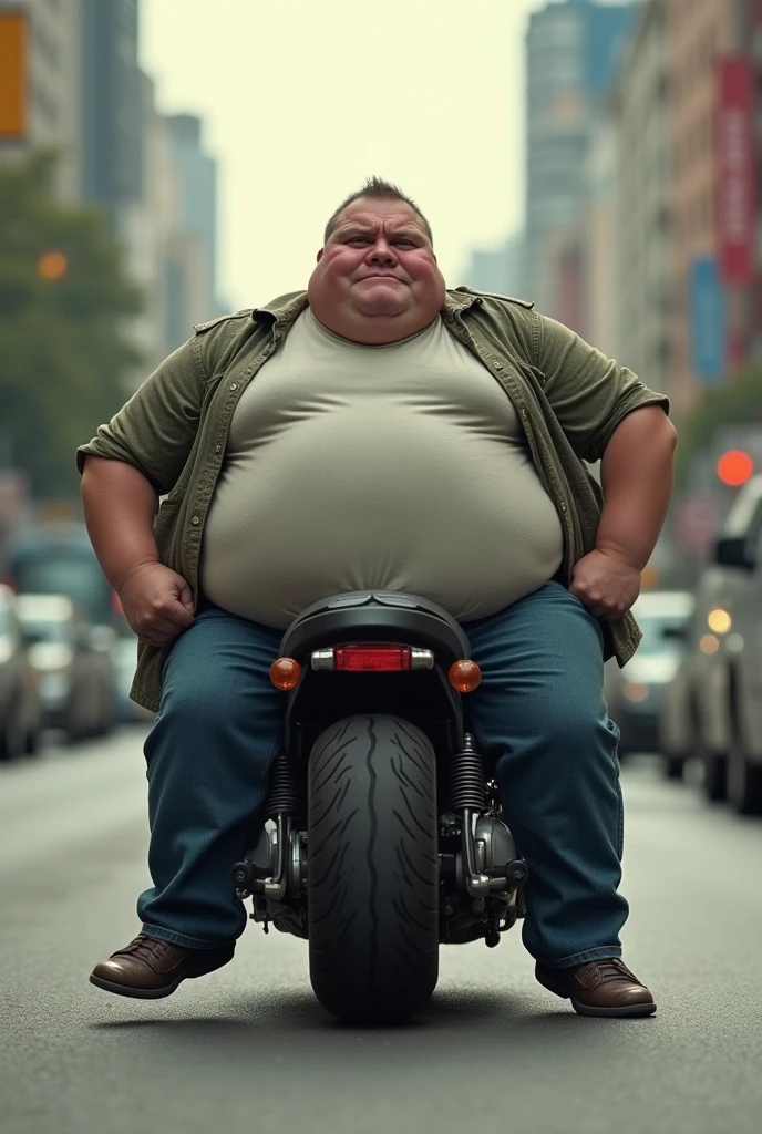side vive, stocky, fat man shirtless and wearing black boxer briefs, he is leaning on a honda broz 160 motorcycle