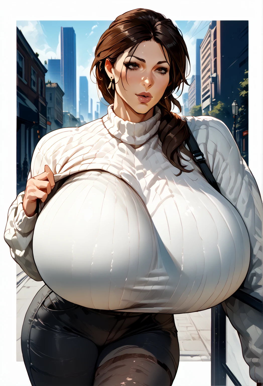 (masterpiece, best quality, highres, detailed, realistic:1.2), young teenage american woman, geeky, (gigantic breasts:1.7), (bursting breasts:1.3), (anxious expression:1.2), checkered shirt, bursting buttons, thin, slender, shy, withdrawn, embarrassed, anxious, innocent, ginger hair, hair behind ears, crowded street, (surrounded by photographers:1.2)