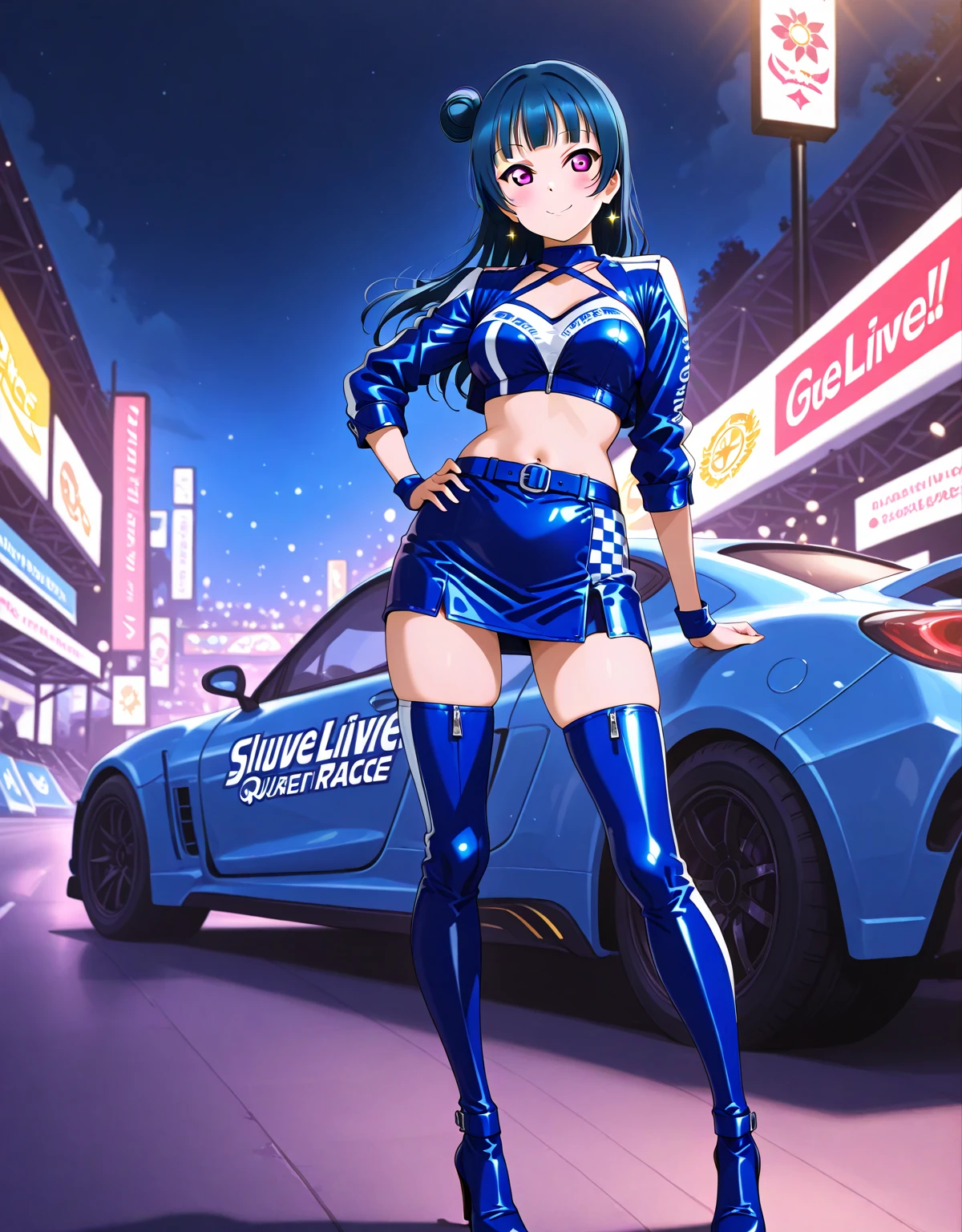 (masterpiece, best_quality, ultra-detailed, immaculate: 1.3), epic, illustration, 1girl, solo, aqua \(konosuba\), full body, next to a car