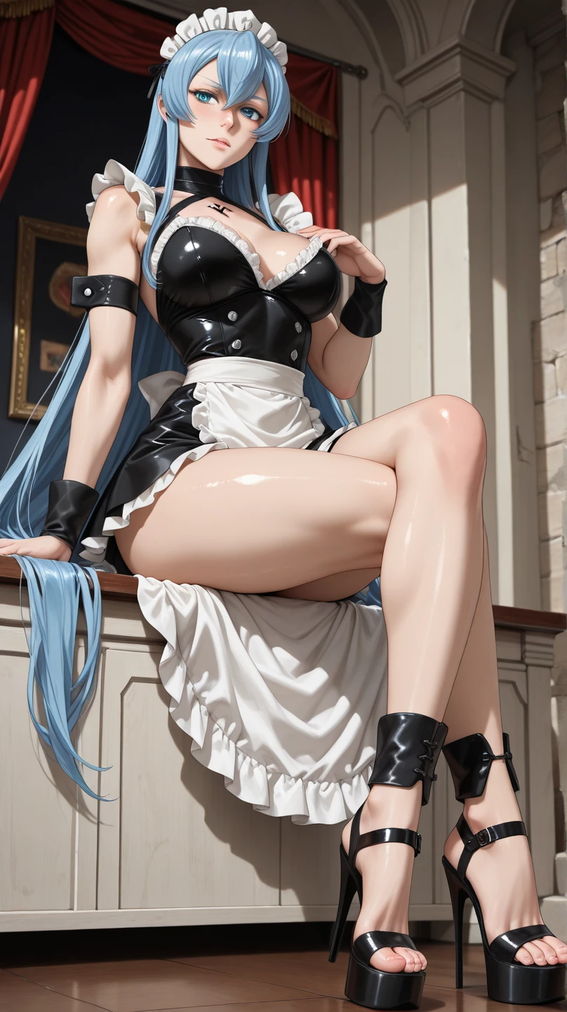 Masterpiece、Ultra high quality photos、8k、15 years old、woman、Japanese、Light blue hair、semi-long、Wavy Hair、Red cheeks、Big Eyes、Half-open mouth、Embarrassed expression、High leg cut、Bodysuits、Fit clothing、Miniskirt、Black long boots、Short sleeve、Standing posture、Full Body Shot、Meaty thighs、Plump body、sexy