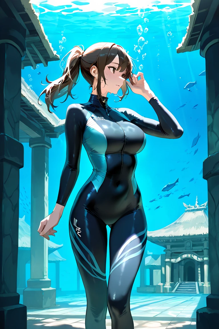 (copper) and (dark blue) and dark green, crystal clear water rocky creek stream, sunlit, weak lights and shadows, tree canopy, close up, 1girl, beautiful woman, white face, copper, glow red eyes, copper dress, black leggings,