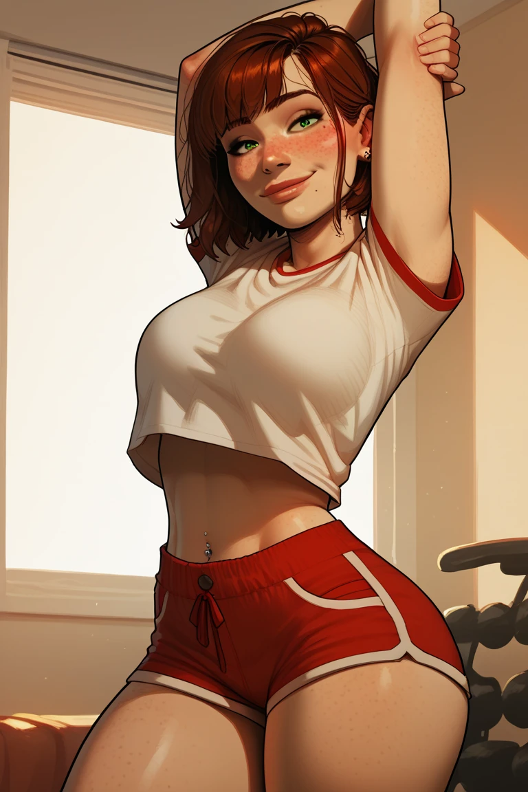 Max Caulfield, (masterpiece), best quality, expressive eyes, ((big hips)), ((hourglass body)), camara on the table, perfect face, 1girl, (((mature body))), fit woman, earrings, lipstick, makeup, brown hair, earrings, eyelashes. (((wearing a white tshirt))), (red fashion thong underwear), frames on the wall, (perfect eyes), happy, perfect teeths, (red thighhighs), piercing, nail polish, bedroom, PC monitors on table, (bedroom background), (perfect fingers), red lips, makeup, blue eyes, brown hair, (freckles:0.3), short hair, small breasts, detailed eyes, detailed face, maxine_caufield_byammpu