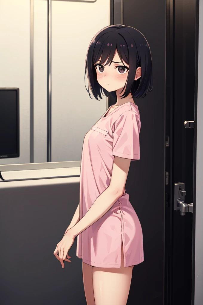 1. Beautiful woman in a pink polo shirt, short hair, Small breasts,Black Hair, Hospital Beautiful Cute High Quality Cute little panties half removed Short sleeves Fingers hanging on panties Panties down