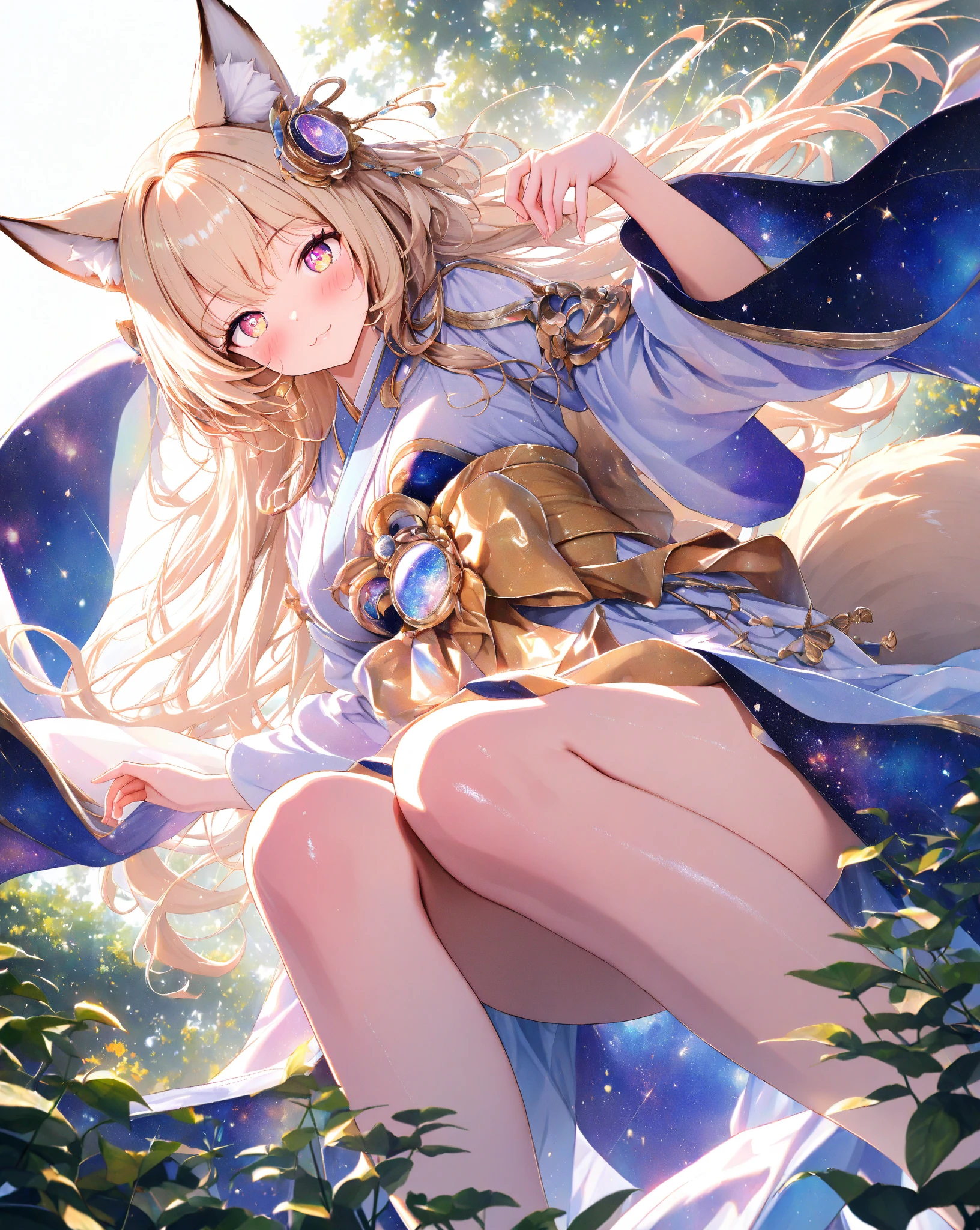 miko, 1 cute girl with cat ear and cat tail, granblue fantasy style, full_body, from_above, leaning_forward, girl,woman,female, young,20 years old, smile, large_breasts, night, moon,Master piece,Ultra quality