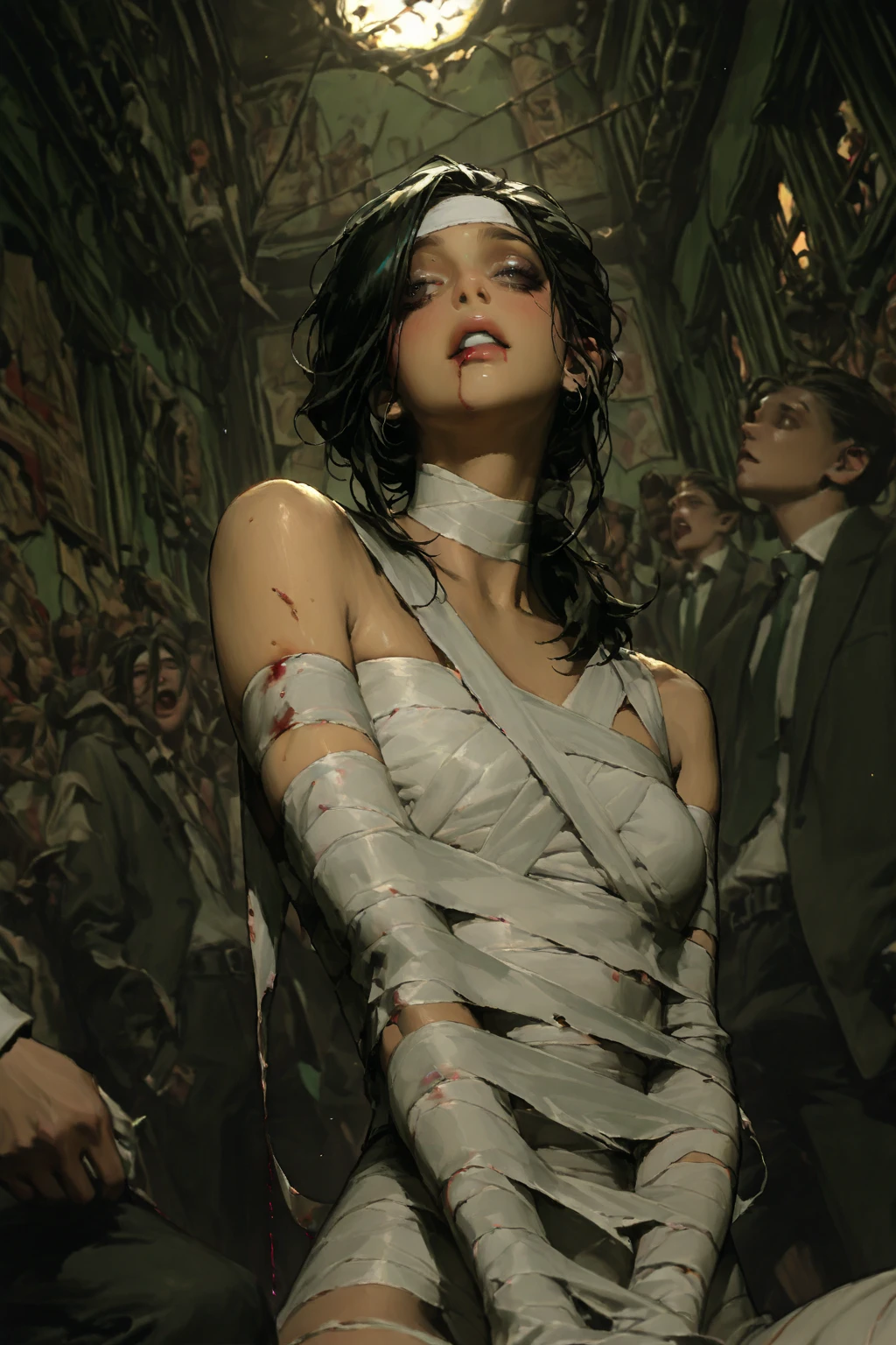 a graveyard in front of a tombstone, a decomposing beautiful completely naked nude woman crawls out of the grave, Crawling towards the viewer. A spectral being draped in flowing iridescent mists. Zombie bride, round breasts, nipples,; lightning,thunder storm, fog, blood moon,; comic art style, dramatic lighting, moody, angry stare towards viewer, arching her back, raising her butt, ass raised up, doggystyle with 1 batman hair pulling