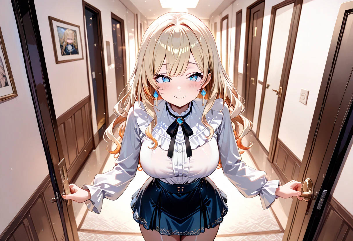 (Masterpiece, Best quality, ultra high resolution),1girl, dark brown skin, blue eyes, blonde hair, large breasts, thick thighs, himecut, Office lady uniform, beautiful and detailed face, detailed eyes, detailed nose, school background (( white and black theme ))