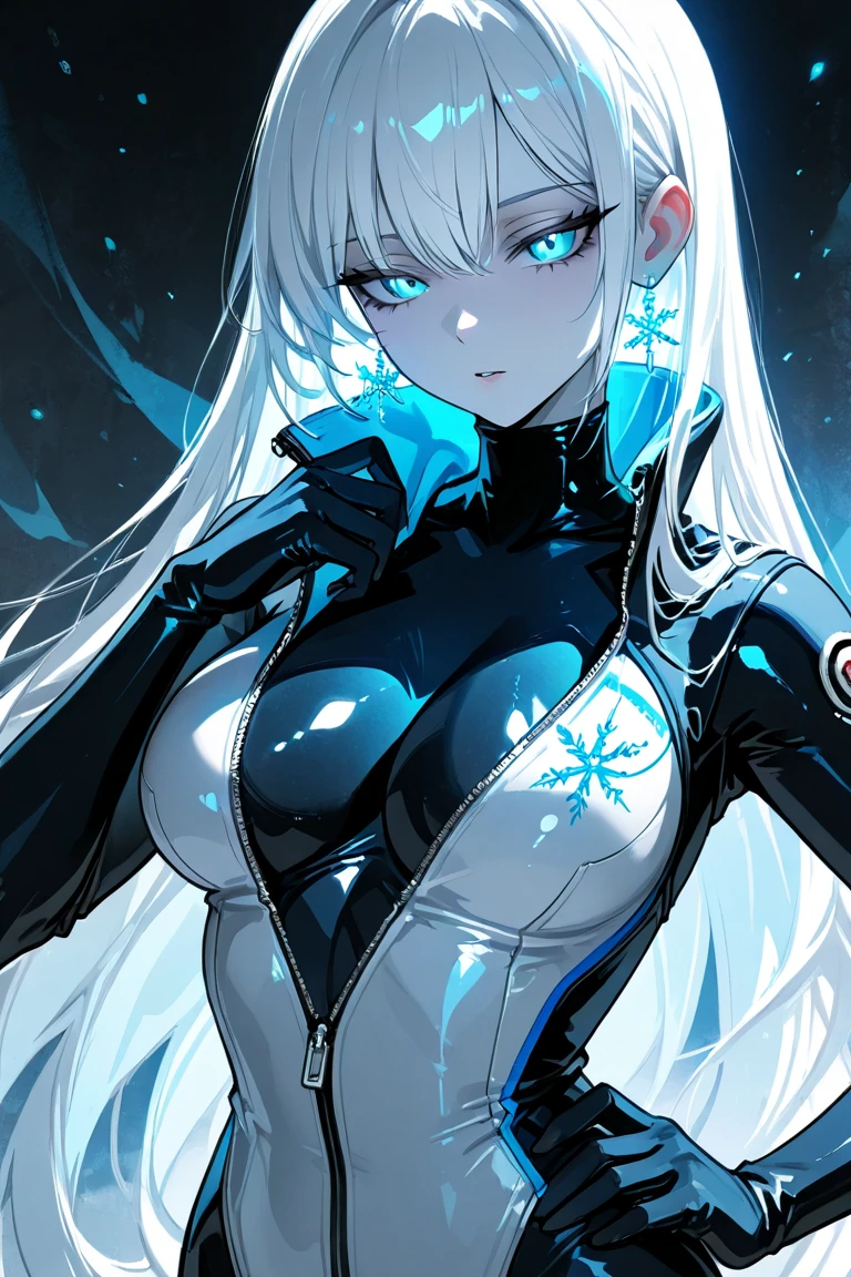 Cover Magazine, anime, young woman, alone, Long Hair, Gray Hair, blue eyes, model, beautiful, Medium chest, Half Body Portrait, Fantasy, ice