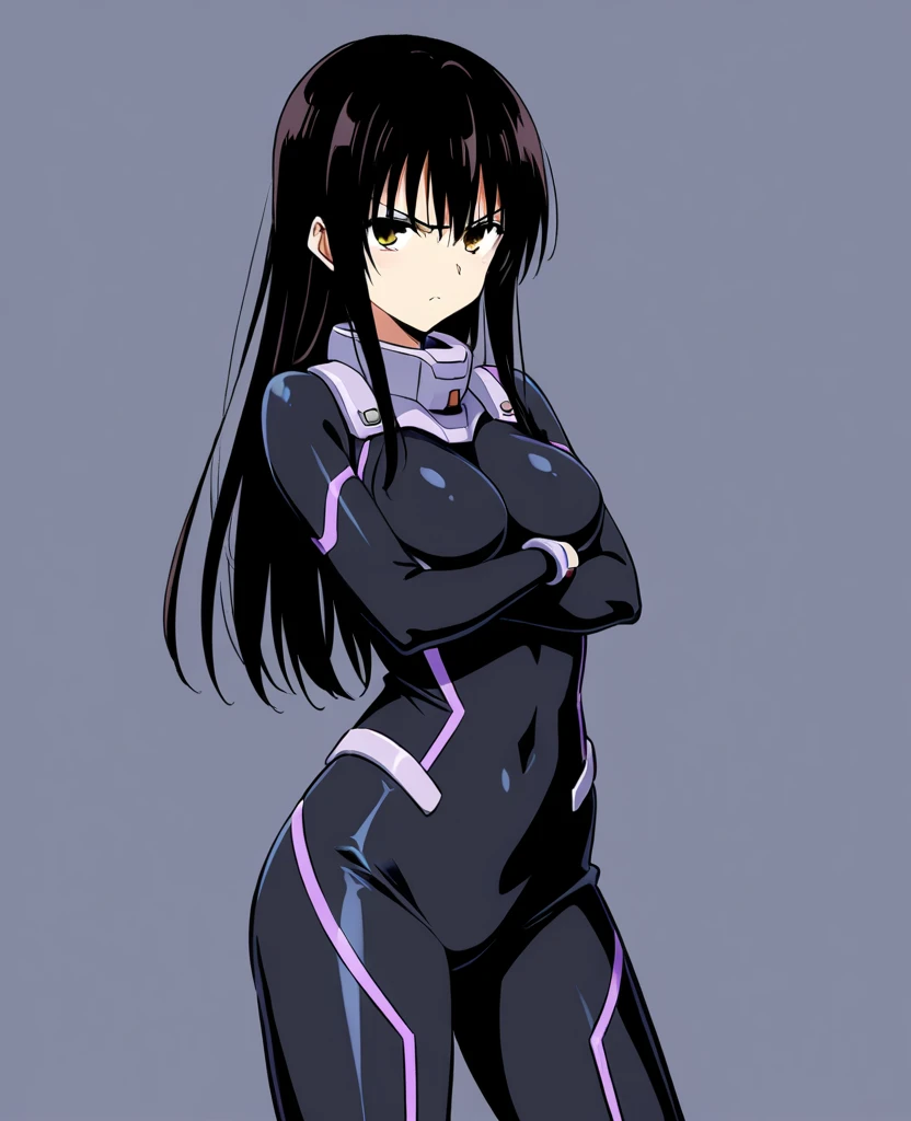 black hair, long hair, Purple eyes,, large breasts,. solo, Bodysuits
