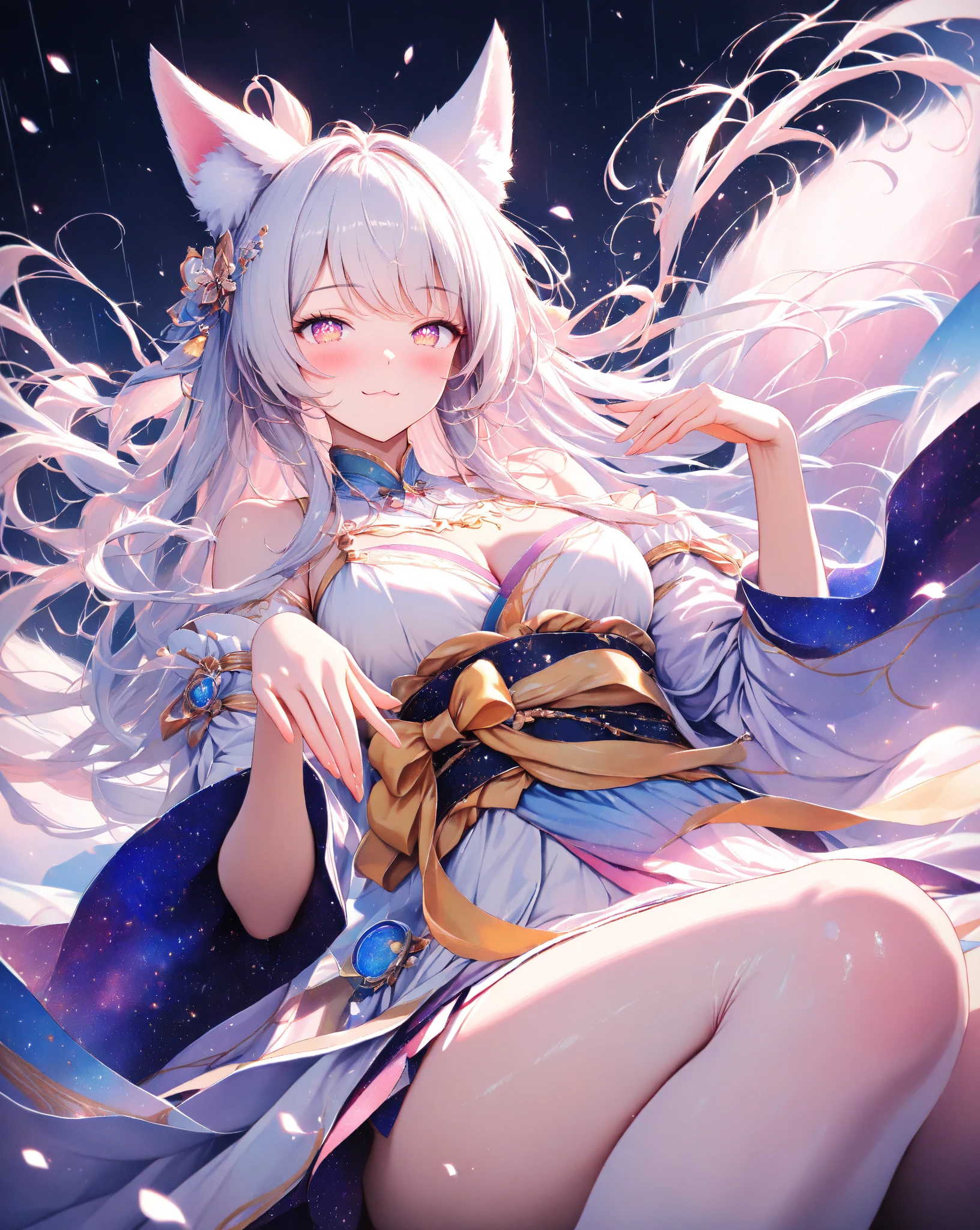 masterpiece, best quality, whole body, A girl, Bangs, black Necklace, blush, bracelet, Chest, Necklace, clothes Neighborhoods waist, clavicle, Cowboy shooting, ear Earrings, Eyebrows visible through hair, Gradient hair, Grin, Fixed, Jewelry, Kogar, Long hair, Viewer, Earrings, Red Eyes, ring, , Smile, Solitary, street, Invalid, Cherry blossoms, petal,number, Fashionable, Miss, Energetic, pause, front, rich and colorful, Dynamic, background, element, Have faith, Performance, Keep, statement, Accessories, majestic, curled, Neighborhoods, Touch, Scenes, article, cover, bold, Get attention, fashionable, touching, Modern, trend, concentrated, Fashion,((masterpiece)), best quality, absurd, Very detailed, holographic, Cowboy shooting, ダイナミックなpause, Golden Ratio, 非常Lovely女孩, Adult, very beautiful, Super beautiful Asian girl，Has super beautiful purple eyes, very beautiful white hair, Glowing skin, High Ponytail, 美丽Sexy身材, Slender and delicate, Perfect body, Lovely, Fox headphones, 在Lovely外星飞船里拍照,naked,Large Breasts,Sexy，whole body，foot，Sitting