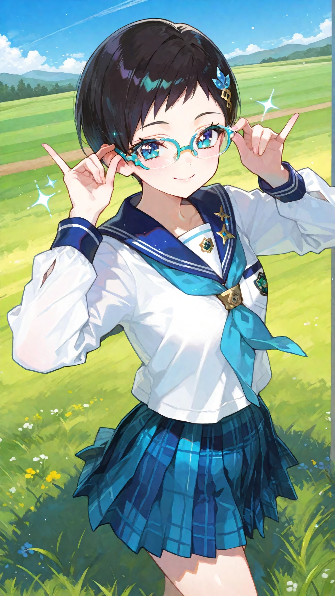 tazune rirei, masterpiece, best quality, twin braid hair, black hair, face close-up, shiny aqua eyes, (white plain t-shirt), rainy day, pool, bokeh, outdoors, blue plaid skirt, embarrassed, looking up sky, wet, transparent
