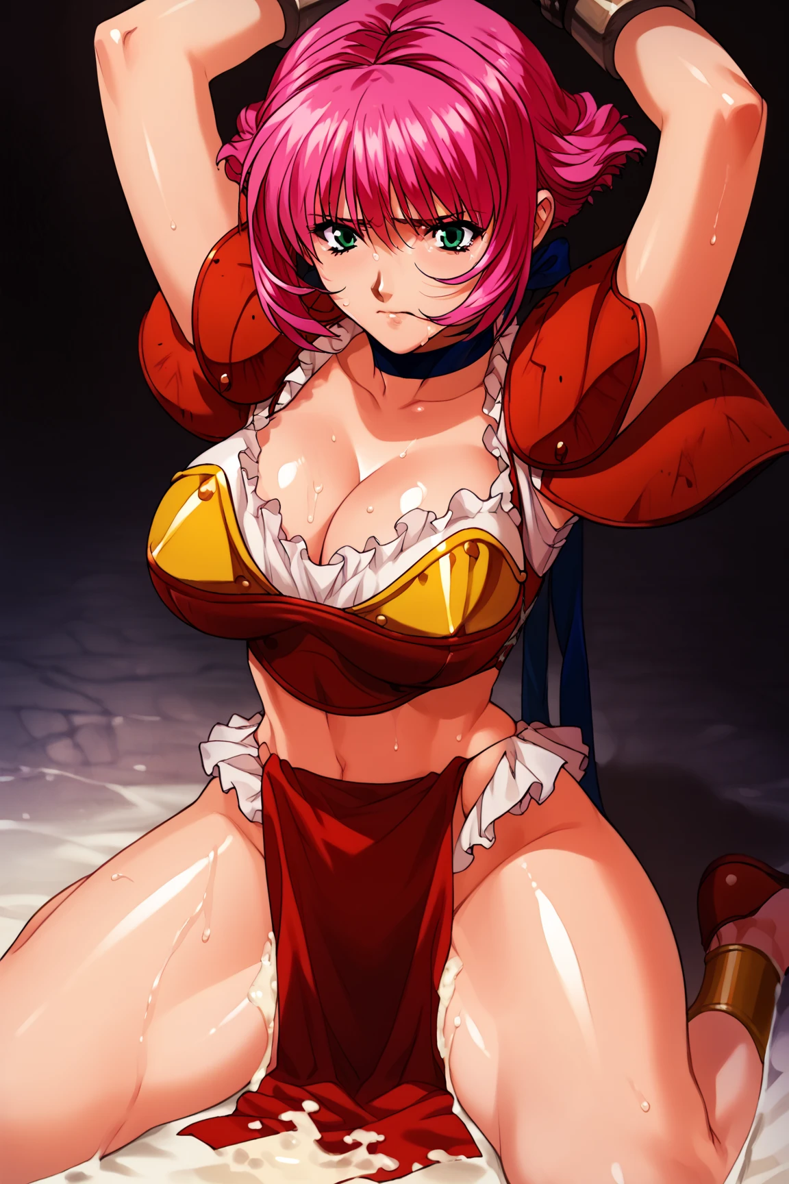 a Japanese girl, with short red curly hair, scabs on her face, laughing, doing an erotic pose with her hands on her breasts, perfect body, big chest, detailed curves, 8k, best quality, film lighting, detailed background, angle from above
