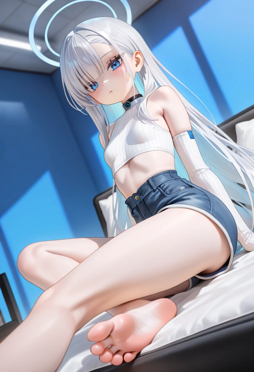 1 girl, (alone:1.2), ((masterpiece)), Slim, , pale skin, ((delicate eyes)), (bokeh effect), sweating, (dynamic angle),jump, white hair, long hair, Double tail,bare shoulders,Lilu's collarbone, armpit, (External), cute, School cafeteria, running, White thong,sports shoes,White over-the-knee stockings,b cup,white girls sports bra,high resolution,Super detailed,marks of strangulation,Slim腿