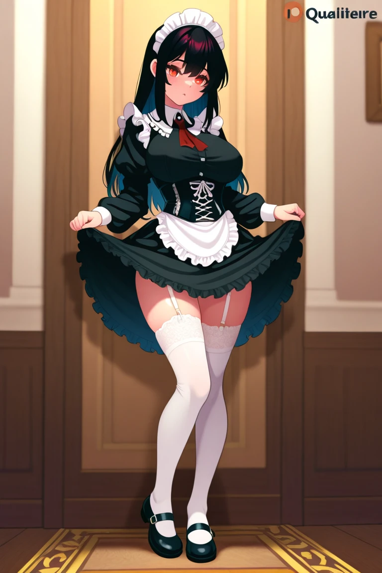 goth girl, black hair, pig tails, corset, mini skirt, thigh high socks, sexy, highly detailed, high definition,