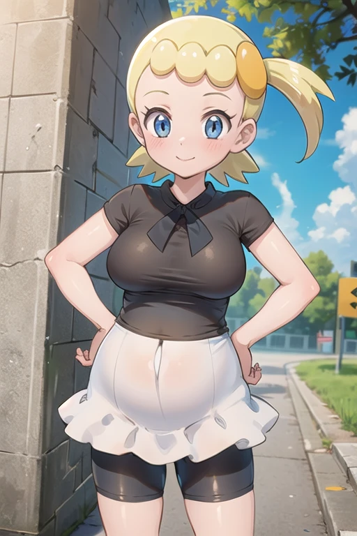 1girl, sexy horny 11yearold blonde slut is wearing a slutty miniskirt and a crop_top and is spreading her legs for you in an alleyway. huge ass, flat_boobs, looking at viewer, thong,