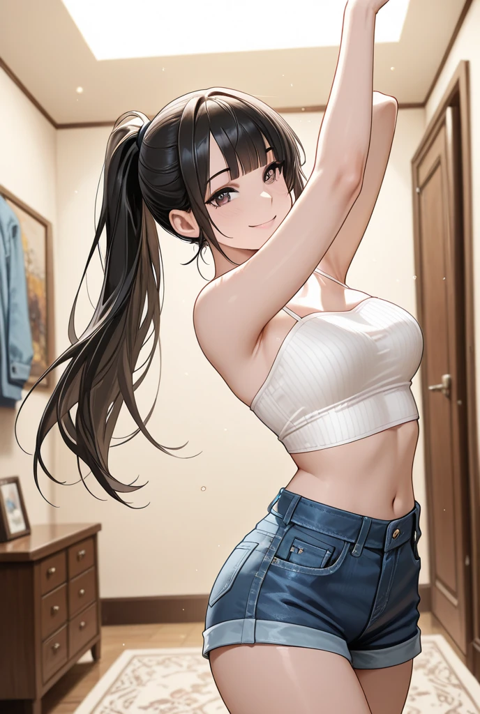 ((Tabletop, Highest quality, High resolution, , Pixel Perfect, 4K,))), 1 female, 、The whole body is visible、 ((Long Wavy Hair, bangs, Brown Hair)), ((Brown eyes, Beautiful eyelashes, Realistic eyes)), ((Detailed face, Blushing:1.2)), ((Smooth texture:0.75, Realistic texture:0.65, Realistic:1.1, Anime CG Style)), Medium sized breasts, Dynamic Angle, Perfect body, (( , , White camisole、No bra、、 Tight jeans pants、Take off your pants below your knees、、、)), Gold Hair Ornament、Cross Necklace、、Very embarrassing panic smile, 、、、、、Leaning forward、Nipples are slightly visible、Sideboob、、Place both hands on the wall and stretch your arms out、Stick your butt out、Luxury apartment kitchen、、、、、、 、)、