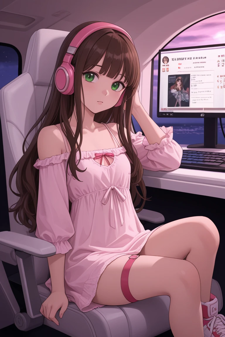 anime girl sitting on a red gaming chair, two monitors, holding a pink xbox controller, (1girl), long black hair, brown eyes, small breasts, pink pajamas, smile, good lighting quality, ultrasharp, masterpiece, high res, 8k