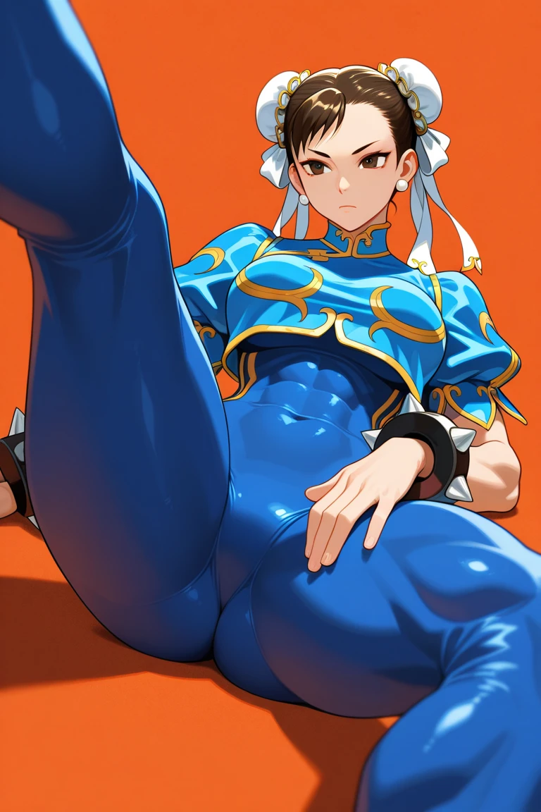 A black-haired, muscular girl dressed as Chun-Li in white boots, sticking out her butt and crying in her room
