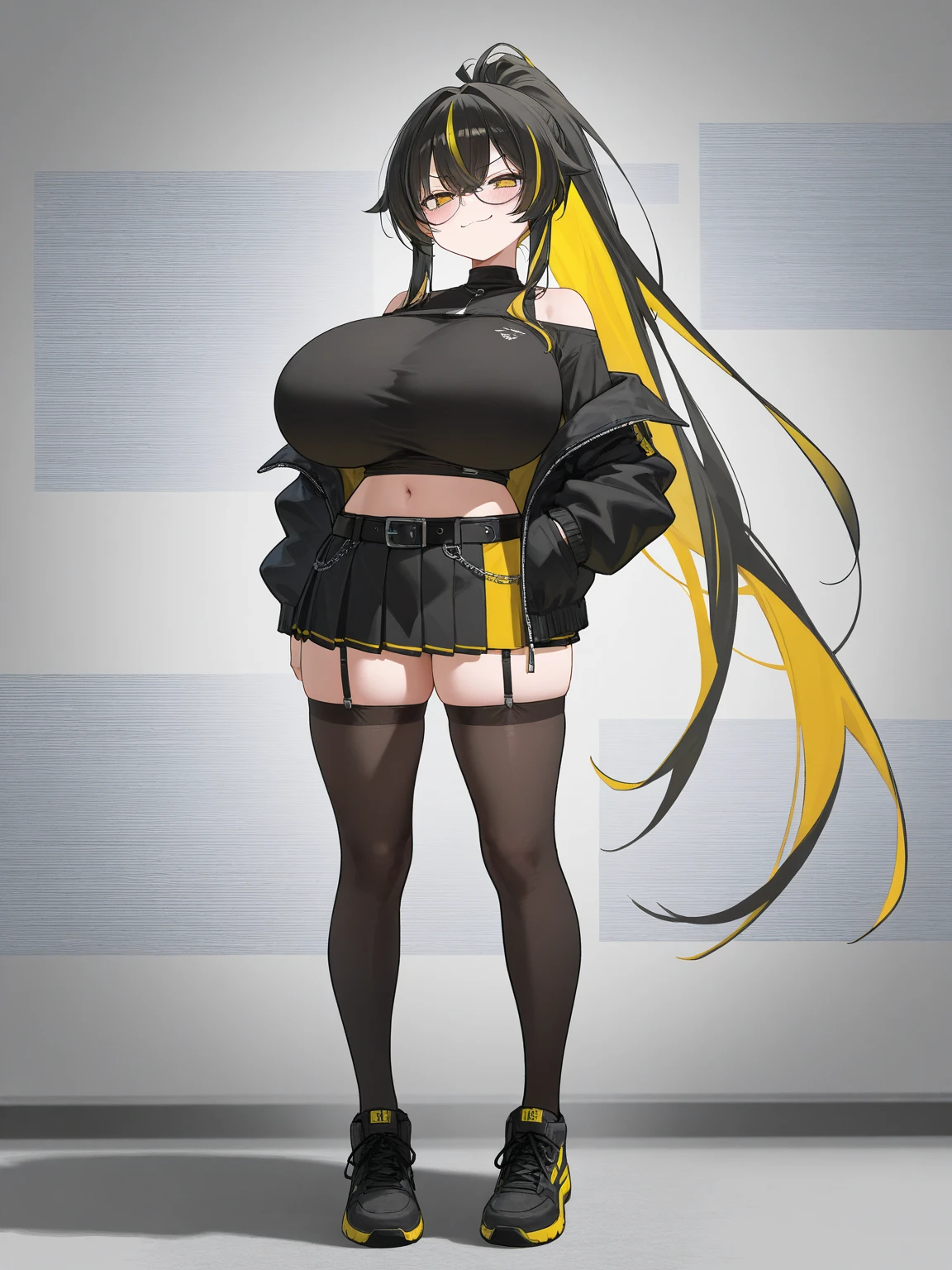 hot girl, beautiful long black hair, bright yellow eyes, black bikini, big but medium breasts, a black jacket no panties and long black transparent socks, wolf ears, blush, breasts visible