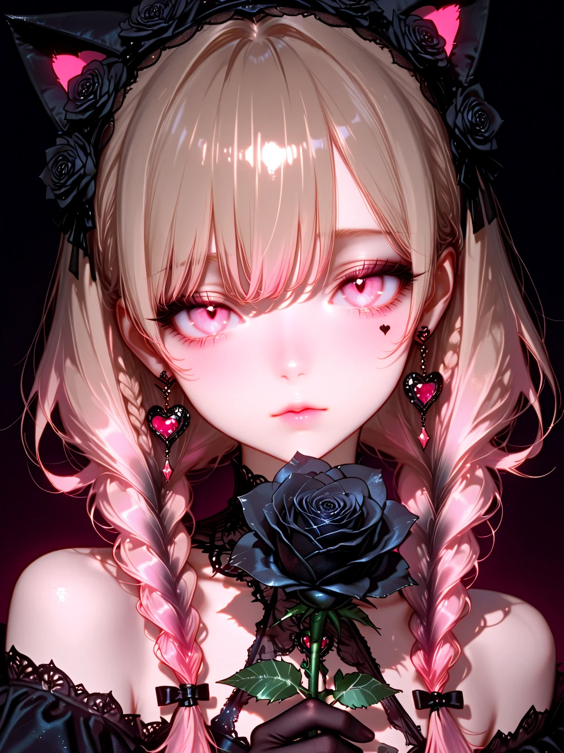 The background is a rose garden and a woman,dress with black and red frills、Loose long hair、Shoes with black high heels、Lolita Hair Band, longeyelashes, Pink eyes, Parted lips, surrealism, Gothic art, close-up, Super Detail, High quality, high details, 8K