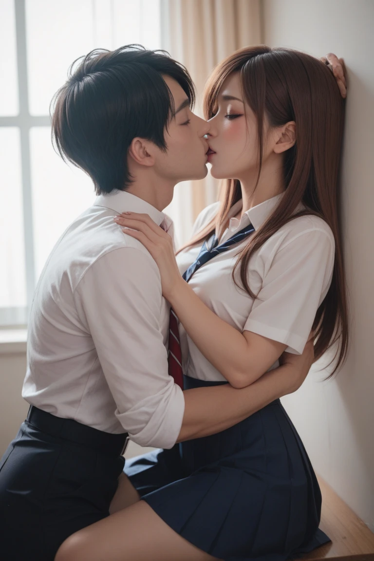 a teacher mateur woman age 40 big breasts wearing shirt open buttons and tight short skirt black stocking and student boy age 18 wearing white shirt and long pant standing together, mateur women touching boy's face. Girl Long, purple hair, And a boyish short, red. they kiss standing up in the classroom. ((The guy has short red hair))

(material:illustartion),(Best Quality,hight resolution,Masterpiece:1.2),Ultra-detailed,(Realistic,Photorealistic,photo-realistic:1.37) 

(style of:in full height),(Vivid colors),(Soft color tones) 

(Light:soft-lighting),(bokeh).