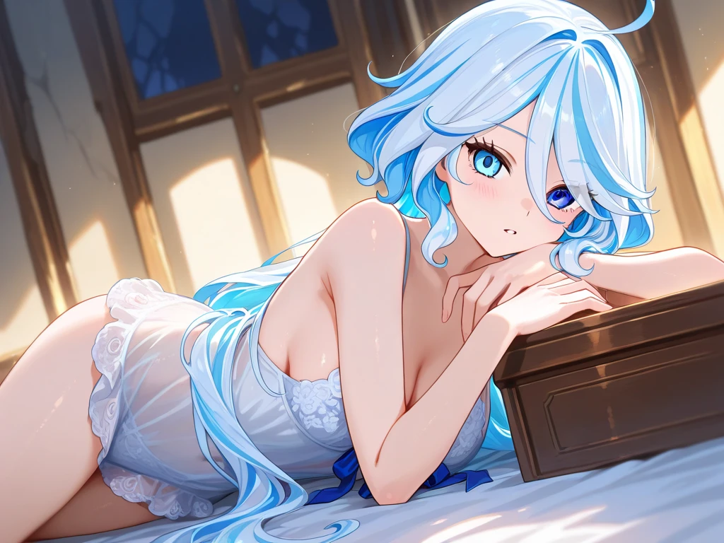 (MASTERPIECE), (Best Quality), (Super Detail), Official Art, One Girl, Lori with Pale Light Blue Hair, Petite Little Girl, Loli, Blue and Silver See-Through Dress, Sleeveless, Off Shoulder, Small, Very Small, Small, Cleavage, Thigh Focus, Navel Out, Lower half of the chest is bare skin, Sitting, Card Illustration, Sacred Well