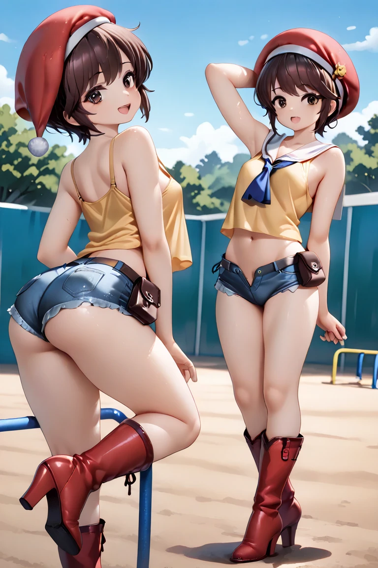 (NSFW)、top-quality、Top image quality、8K picture quality、​masterpiece、1girl in、girl with、full body Esbian、Lustrous skin、((Small latex　maikurobikini))、(Dark blue socks)、(Brown loafers)、Misaka Mikoto、Smile、embarrassed from、red blush、(steams)、stares at the camera、browny short hair、small tits、Beautiful navel、cute butt、Raw thighs、(((Cameltoe)))、Squatting on the ground、Open your crotch wide from side to side、Opening legs、(Dripping sweat)、(Love Juice)、(urethra)、(uterus)、in poolside、Professional filming、profetional lighting