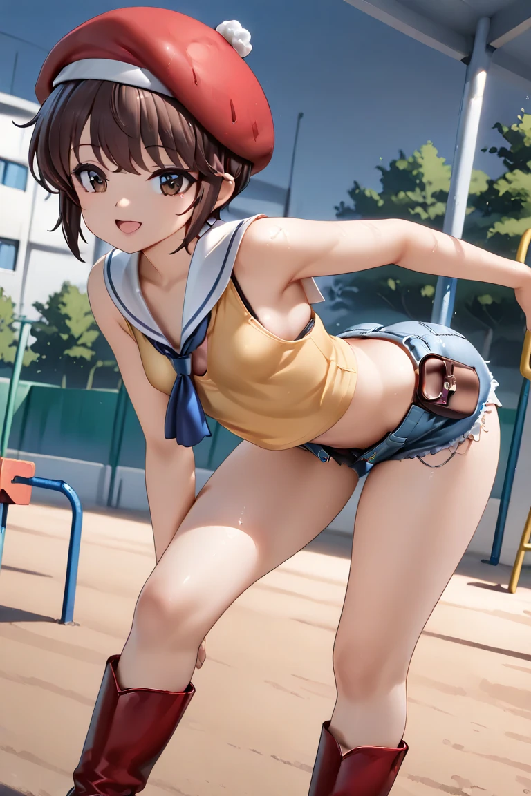 table top, highest quality, 8K, 15 year old naked girl,Face of junior high school girl, surprisingly cute,(((young face))),(((baby face))),(((small breasts))),Are standing,(((slim and firm chest))),((Big eyes)),(((smile))),(((Nipple details))),(((put your hands behind your head))),(((Details of armpit wrinkles))),(((セミnude))),(((topless))),(((denim print shorts))),outdoor,(((view audience))),Raw photo, (((nude))), award winning portrait,(((exposed nipples))), smile, daytime, idol face, delicate girl,,(((main crotch))),look at her crotch,(((Show female genitalia to viewers))),Digital single-lens reflex camera, looking at the viewer, Frank, Sophisticated, thin arms, soft ray、professional lighting, chromatic aberration, (Eye and face details:1.0), ((realistic))、look at the audience, young face、非常に可愛いsmile, show your chest、short hair,twin tails,perfect anatomy,accurate limbs,precise fingers,(((Shoot the subject from below)))