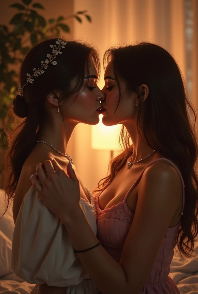 two women sitting on the ground with candles in front of them, two beautiful women in love, lesbian kiss, portrait of two girls kissing, two women kissing at a carnival, kissing each other, beautiful gemini twins portrait, 8 k lighting, kissing together cutely, lovely kiss, female link and malon kissing, kissing together, beautiful gemini twins, kiss