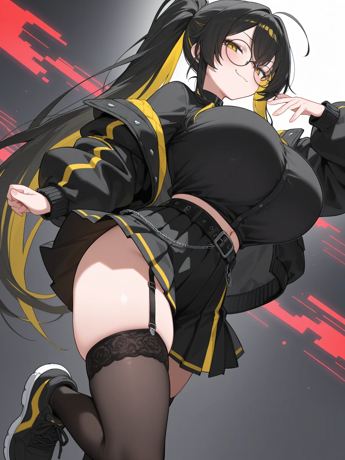 Filia, long hair, detailed eyes, cute pink lips, big breasts, small hips, big buttocks, big thighs, detailed and feminine hands, cute nails, white shirt, small black tie, medium black skirt, black socks, brown shoes, anatomically correct body, correctly drawn hands, detailed image, work of art, masterpiece, detailed image, detailed and realistic background, well defined, high definition