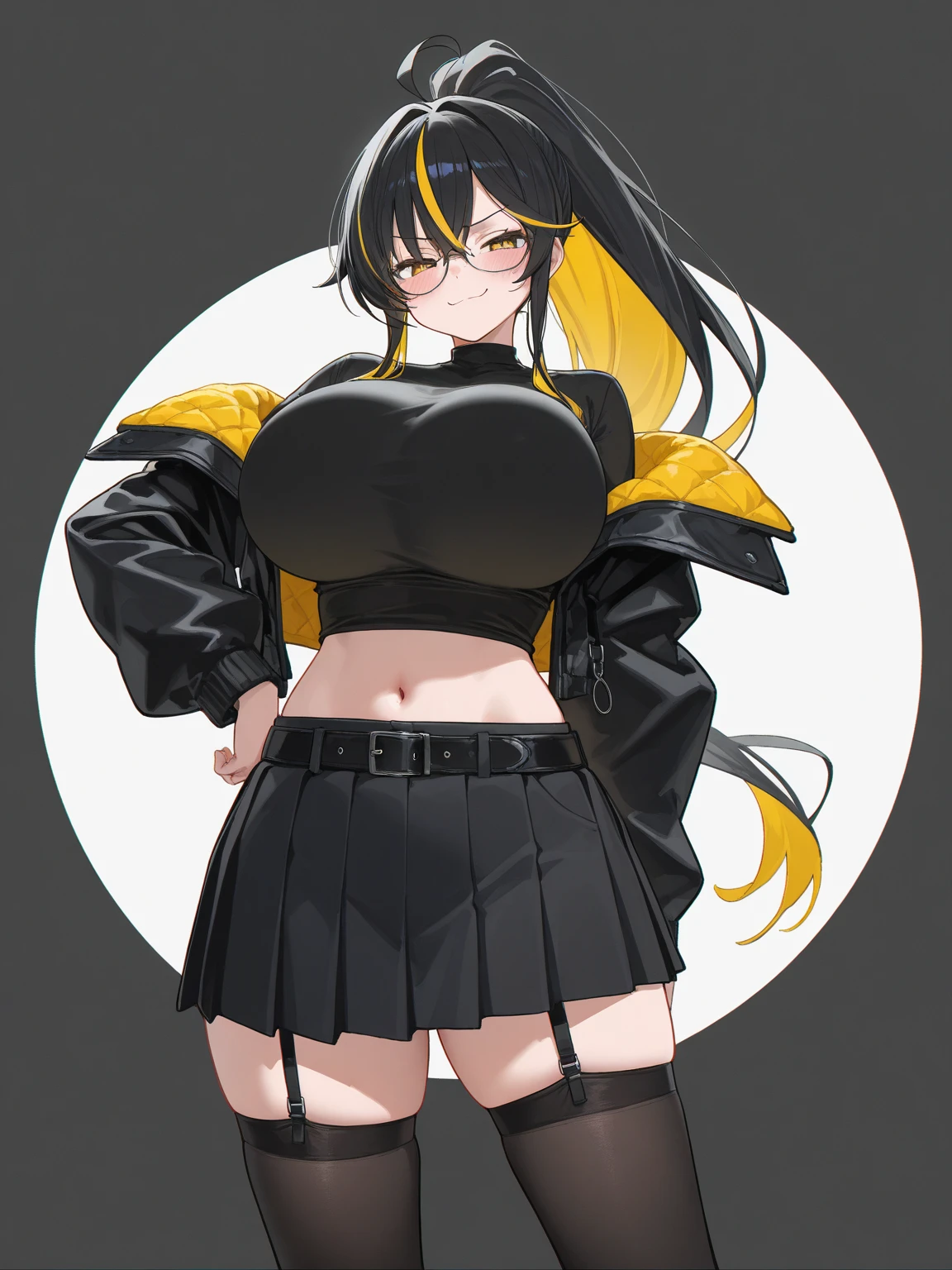 Beautiful girl with black hair、very large breast、long twintails、Idol costumes、Navel、Emphasize the valleys、Forward leaning position、Golden ribbon、Nasty look、long pointed tongue、winking、a miniskirt、Cute boots、star-shaps pupilus,