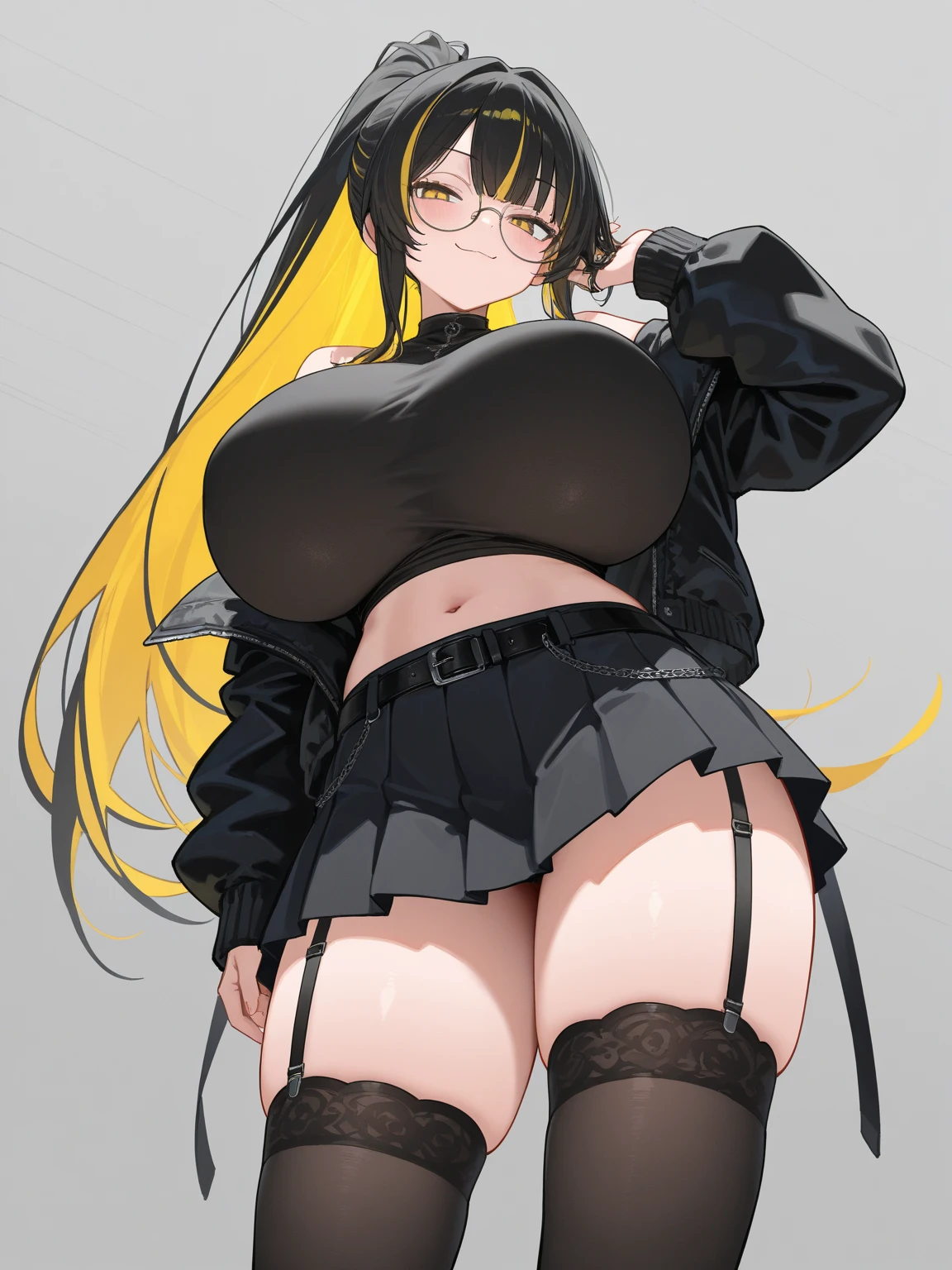 (1girl, solo:1), barbararnd, (huge breasts), (petite, chibi), narrow waist, looking at the viewer, cowboy shot, eyeliner, eyelashes, (pale skin: 0.79), (body blush: 1.00), ,(A9A9A9:0.23),(2F4F4E:0.30),(006600:0.65) , ,