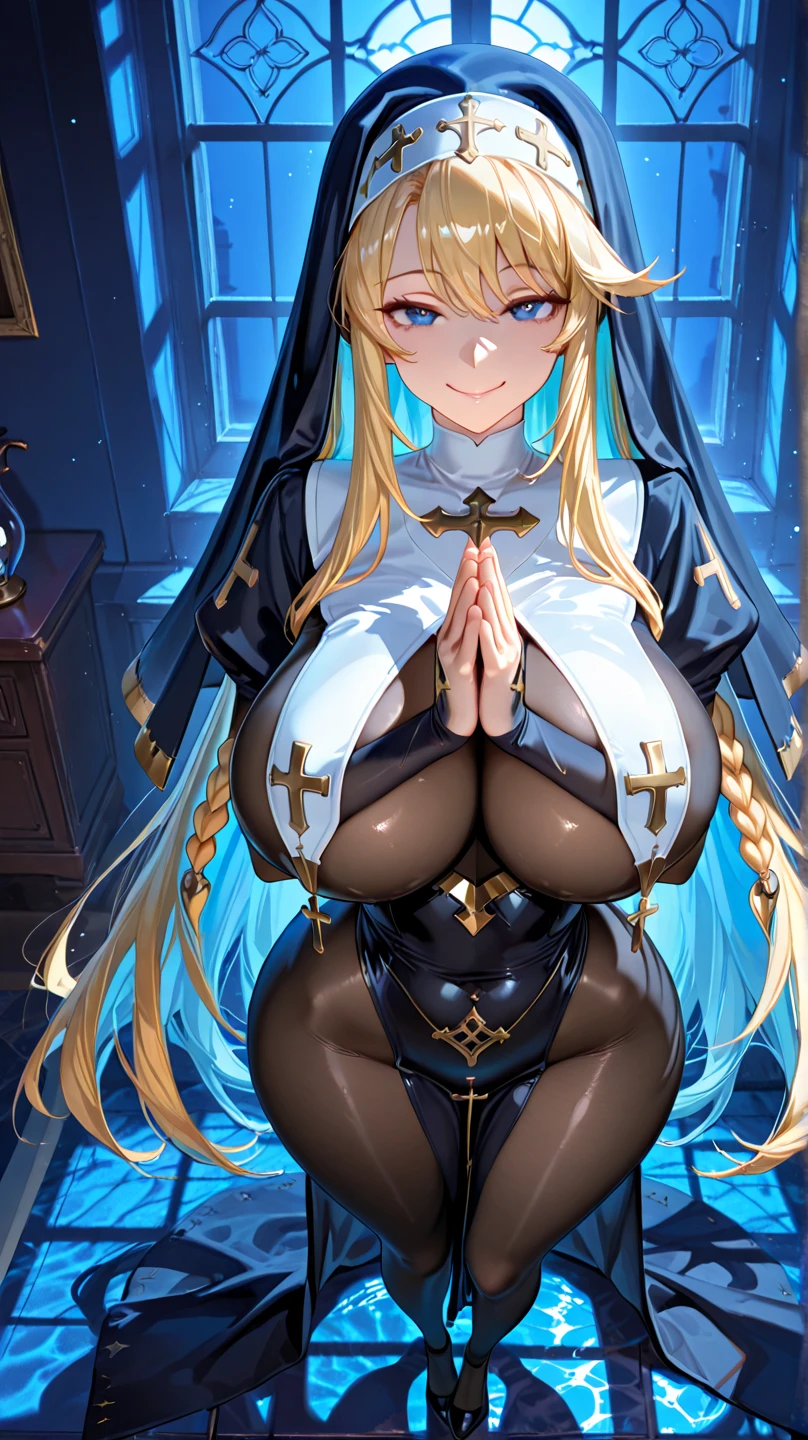 ((best quality)), ((Masterpiece)), (details), ((perfect face)),long hair,light blue hair,beautiful,((blue eyes)),((perfect eyes)),((Very big breasts,I cup breasts)),((highest resolution,4k)),((A completely black female saint's outfit.,sexy outfit)),a church,collarbones, ((open chest)), cute, full HD, high resolution, high quality, high performance, png, pov,((((perfect hand)))),look at viewer,((Nipple)),wallpapers,fantasy world,((Ladies)),(sacred aura),((((beautiful))))