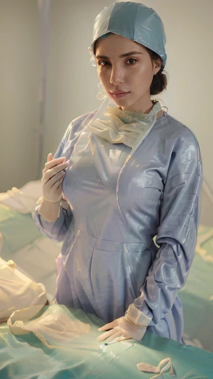 SexWife blonde milf 45 years old (lady oscar), as pediatric patient, blonde hair, , Beautiful, detailed face, detailed eyes, (realistic skin:1.3), (pale skin:1.1), (textured skin:1.3), (()), big smile, (iphone photograph), (perfect small breasts:1.1), , (artificial lighting:1.3), looking at the camera, perfect slim body, amateur Photography, Photorealistic, Detailed, analog, poor quality, grainy,, wide angle, showing full body, standing in operation room, wearing long teal nylon patient gown, in transparent dress, all body parts covered by patient gown ,short hair tied up, hair bun, hair tied as chignon