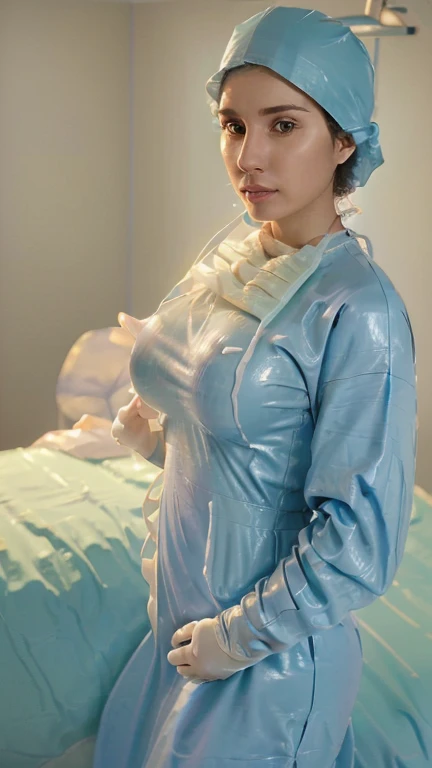 (masterpiece, Highest quality, 32K Wallpapers, Very detailed,portfolio),Black Hair、Glasses、((Tight fitting bodysuit)),((Big Breasts,Plump))、((latex_surgical_uniform, mask, long sleeves, surgical mask,long dress, latex gloves,surgical cap)),Browsing Caution、Luster of latex:2.0